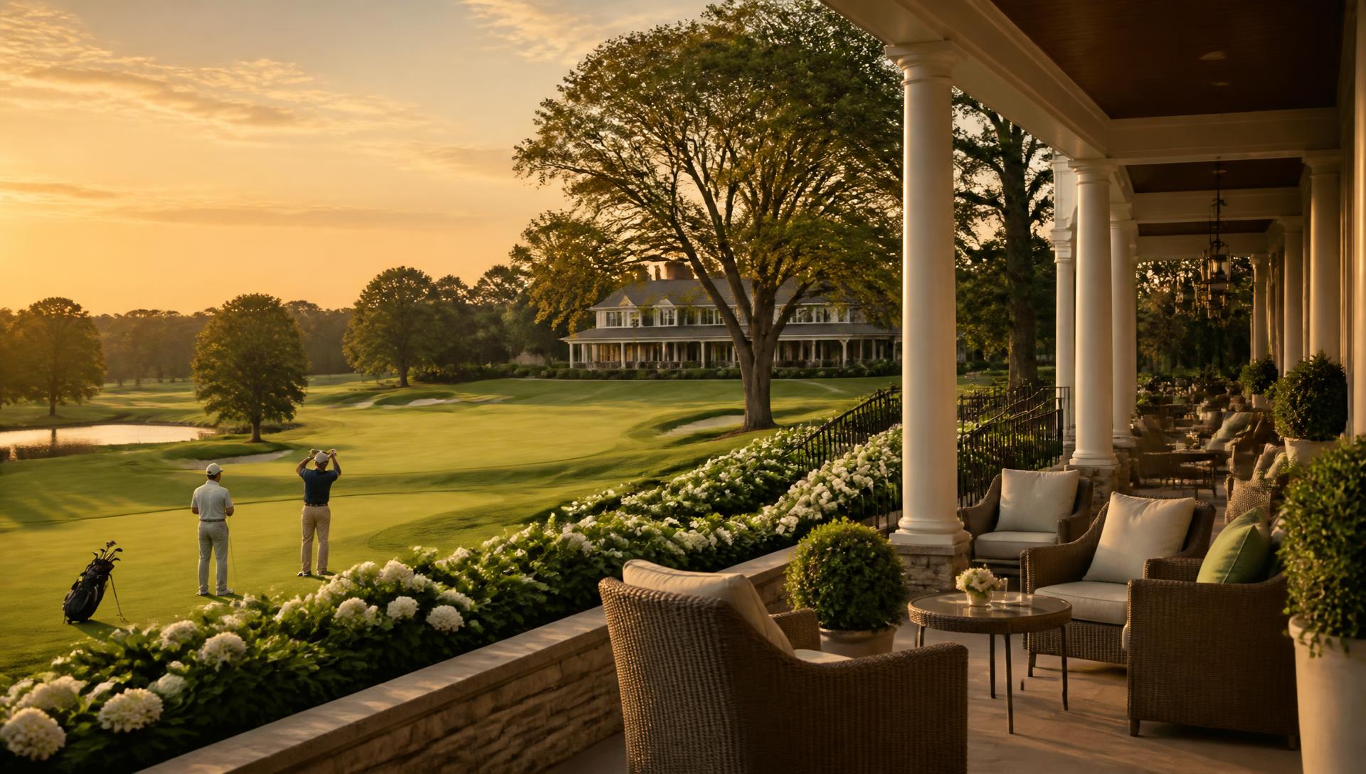 Golfers on a manicured fairway seen from an elegant country club veranda at golden hour
